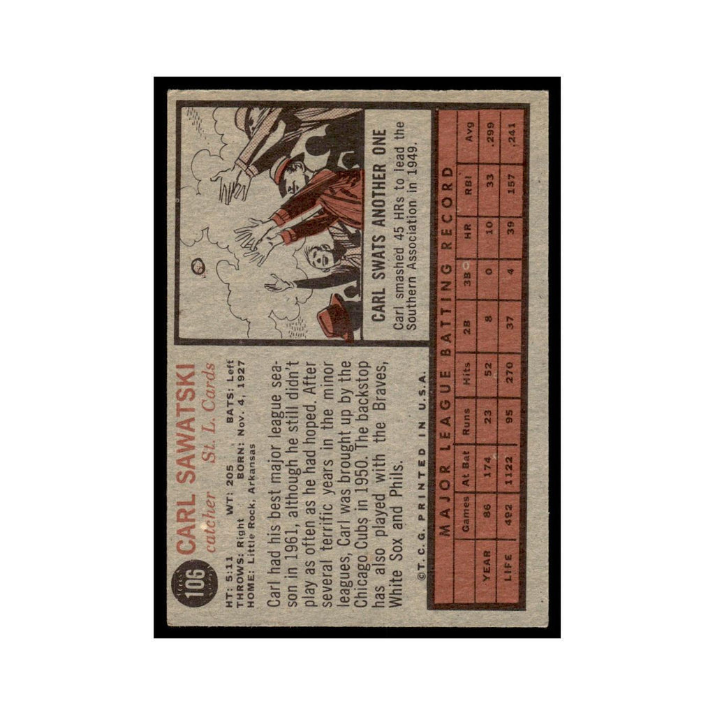 Carl Sawatski 1962 Topps #106 St. Louis Cardinals Baseball Card VG