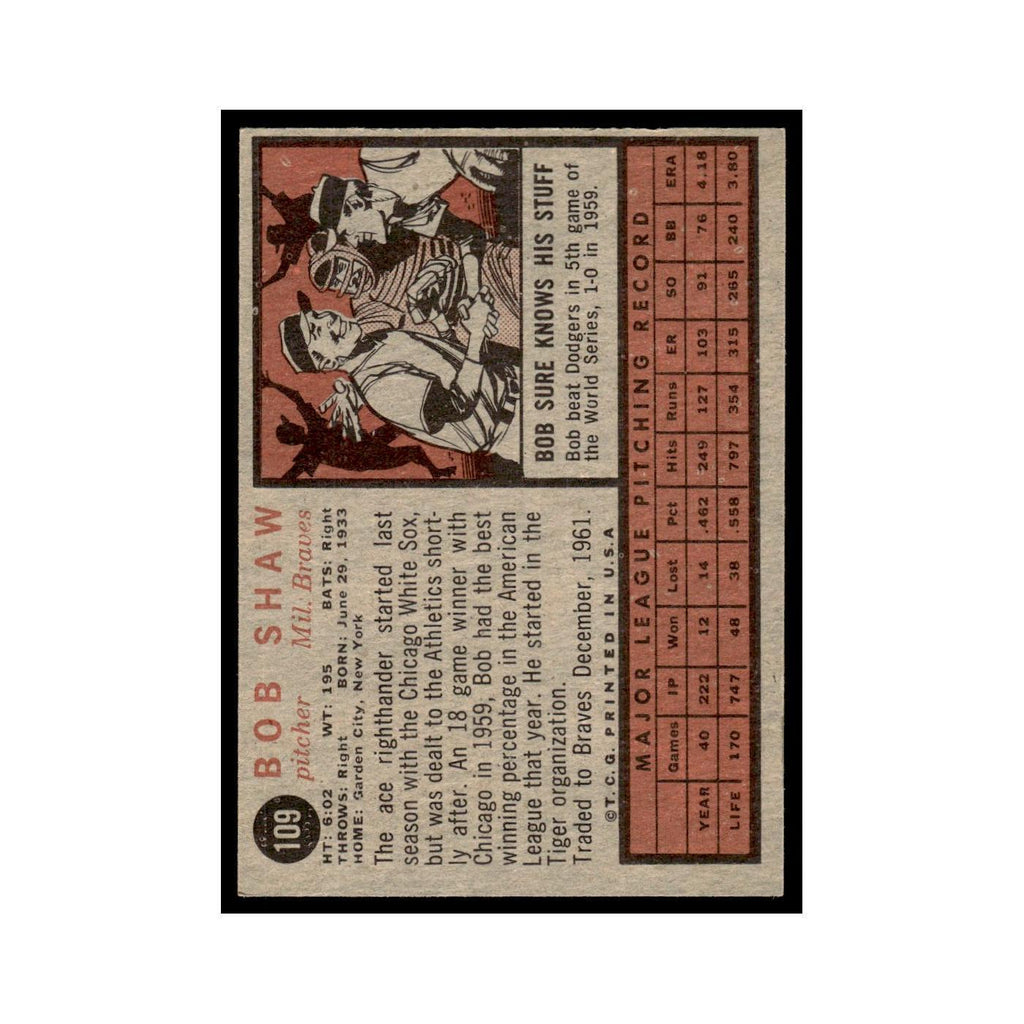 Bob Shaw 1962 Topps #109 Milwaukee Braves Baseball Card VG
