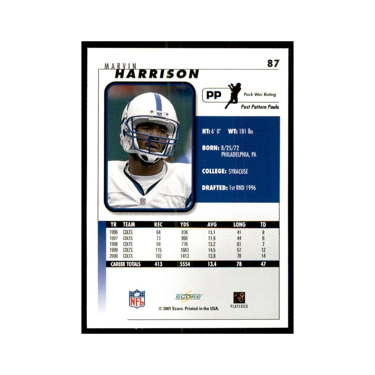 Marvin Harrison 2001 Score #87 Football Cards Football Card NM