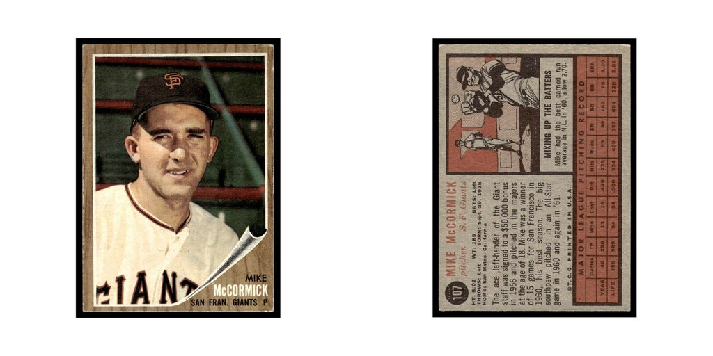 Mike McCormick 1962 Topps #107 San Francisco Giants Baseball Card VG