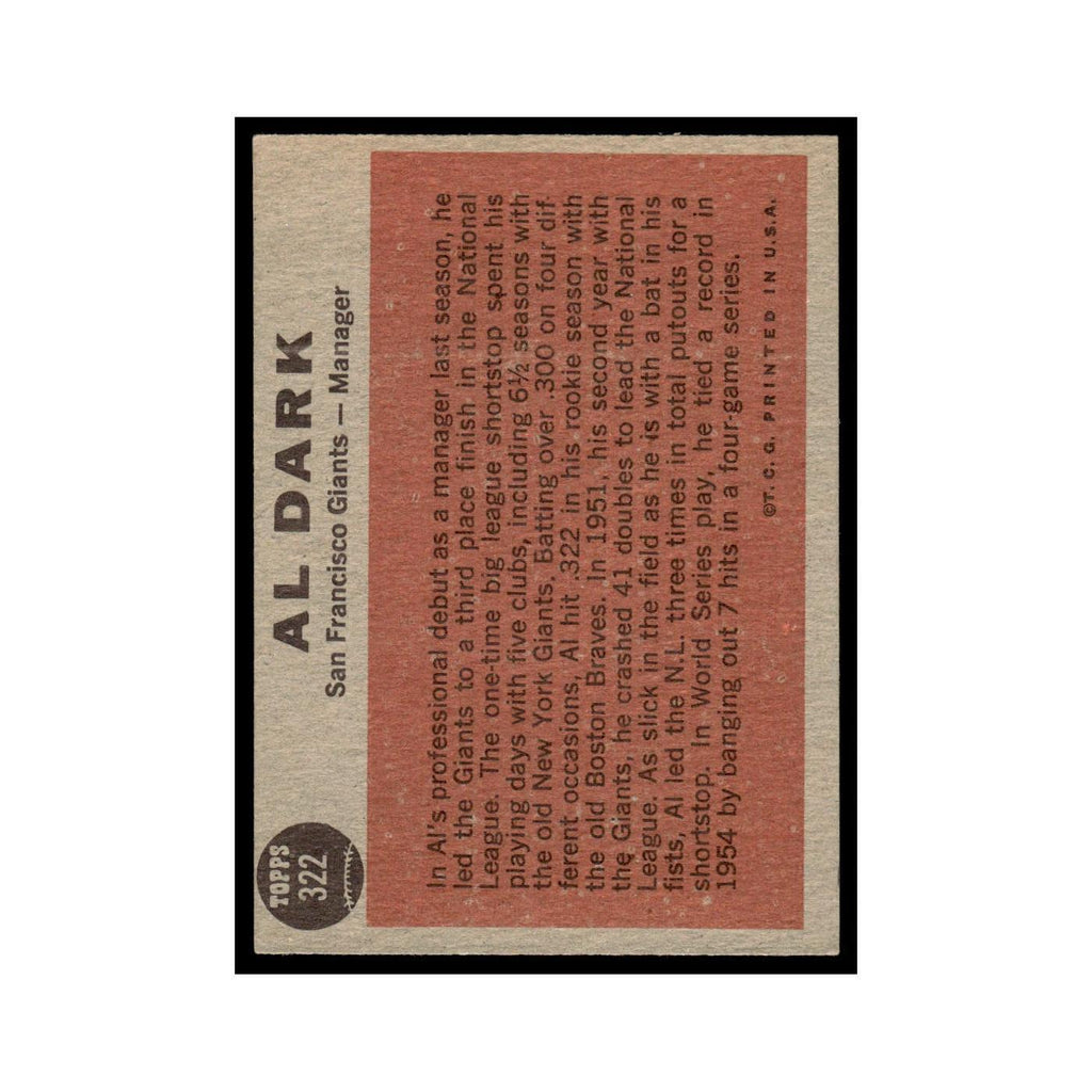 Al Dark 1962 Topps #322 San Francisco Giants Baseball Card VG