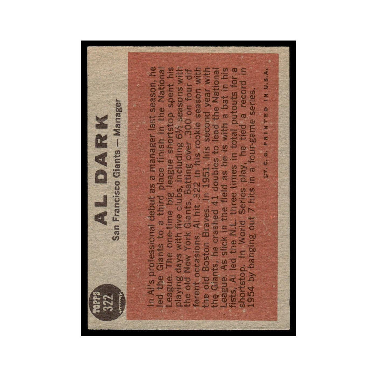 Al Dark 1962 Topps #322 San Francisco Giants Baseball Card VG