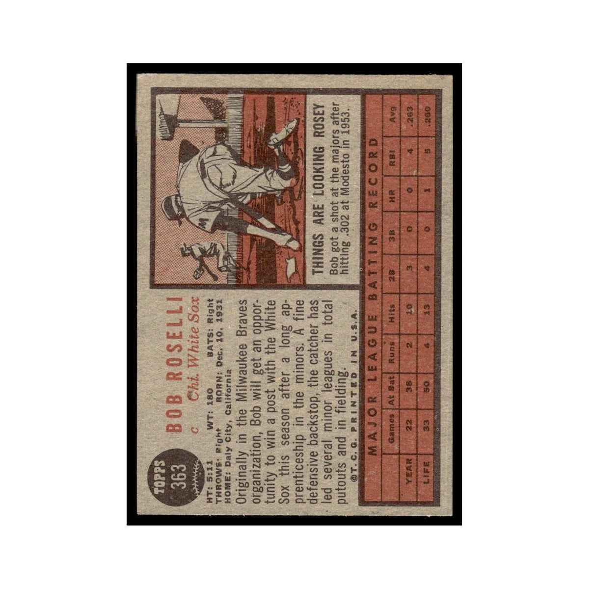Bob Roselli 1962 Topps #363 Chicago White Sox Baseball Card VG