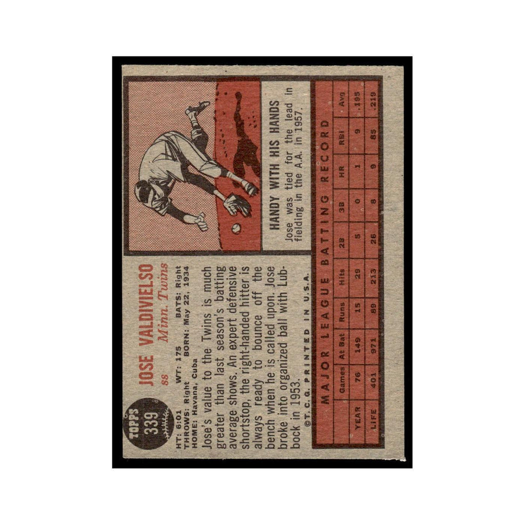 Jose Valdivielso 1962 Topps #339 Minnesota Twins Baseball Card VG