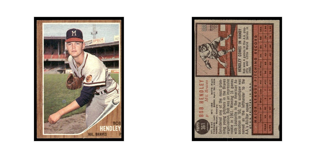 Bob Hendley 1962 Topps #361 Milwaukee Braves Baseball Card VG