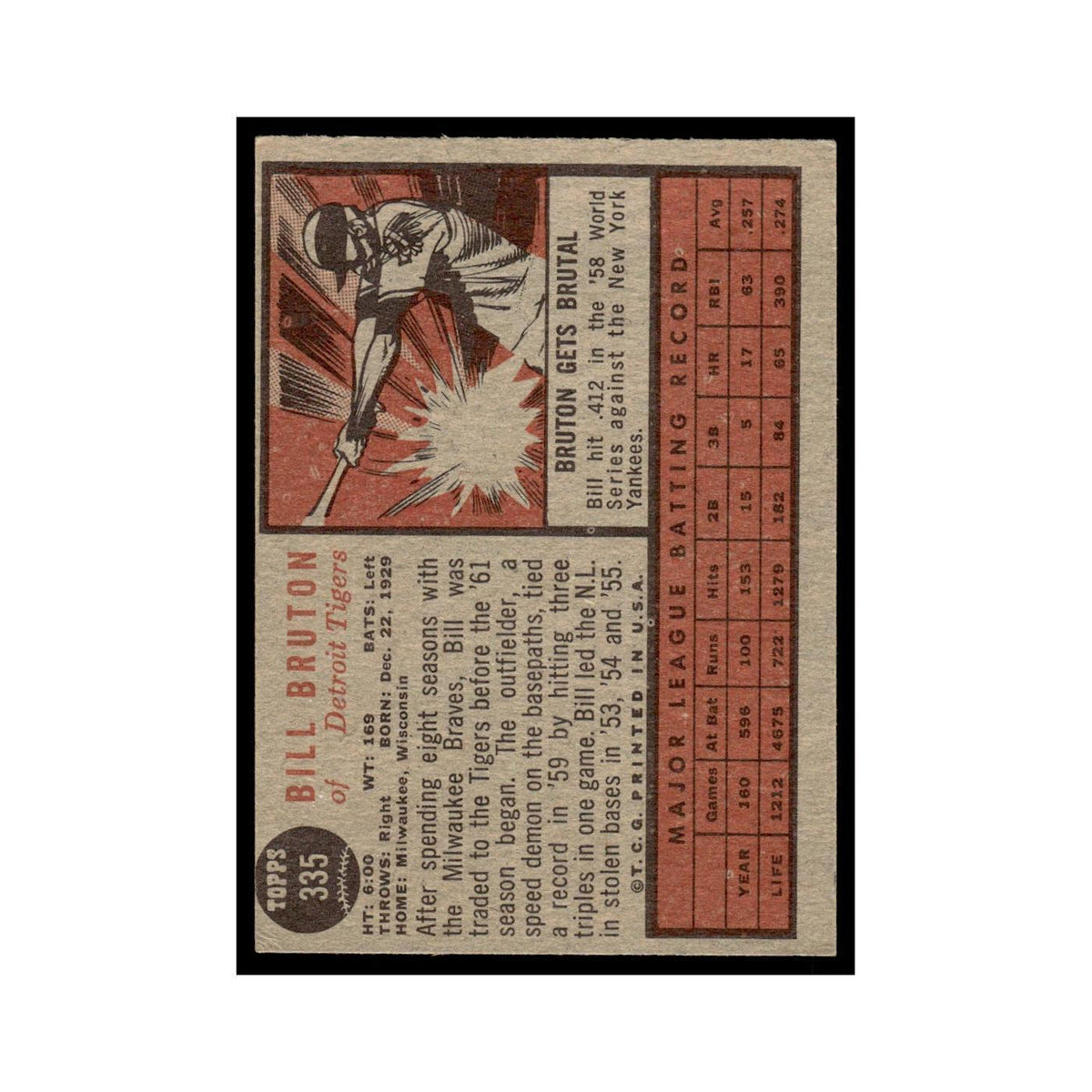 Bill Bruton 1962 Topps #335 Detroit Tigers Baseball Card VG