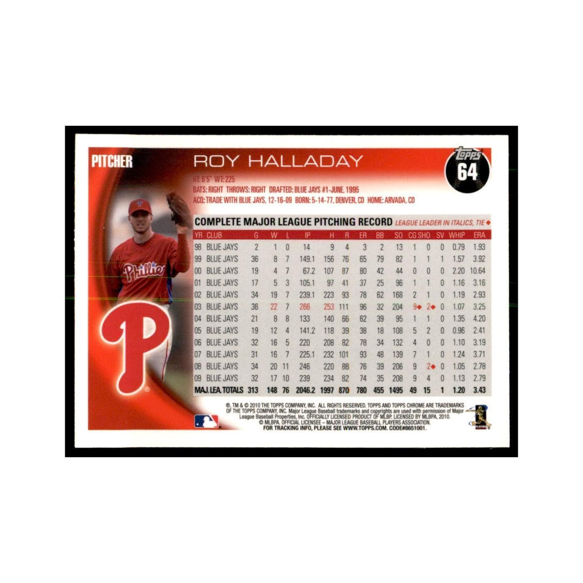 Roy Halladay 2010 Topps Chrome #64 Baseball Cards Baseball Card NM