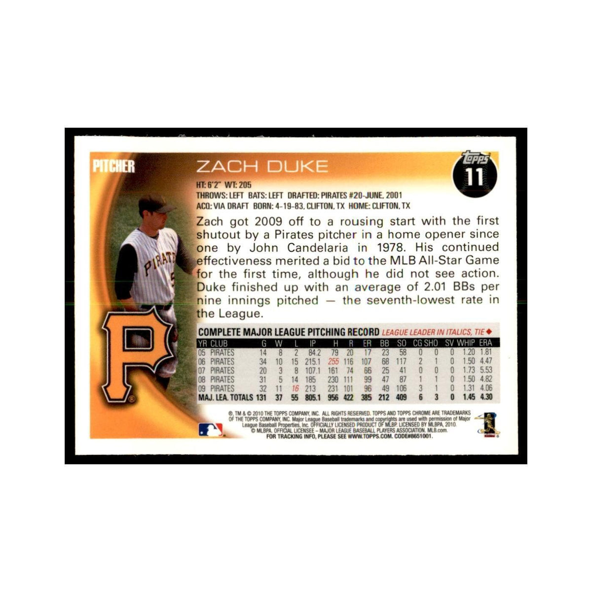 Zach Duke 2010 Topps Chrome #11 Baseball Cards Baseball Card NM