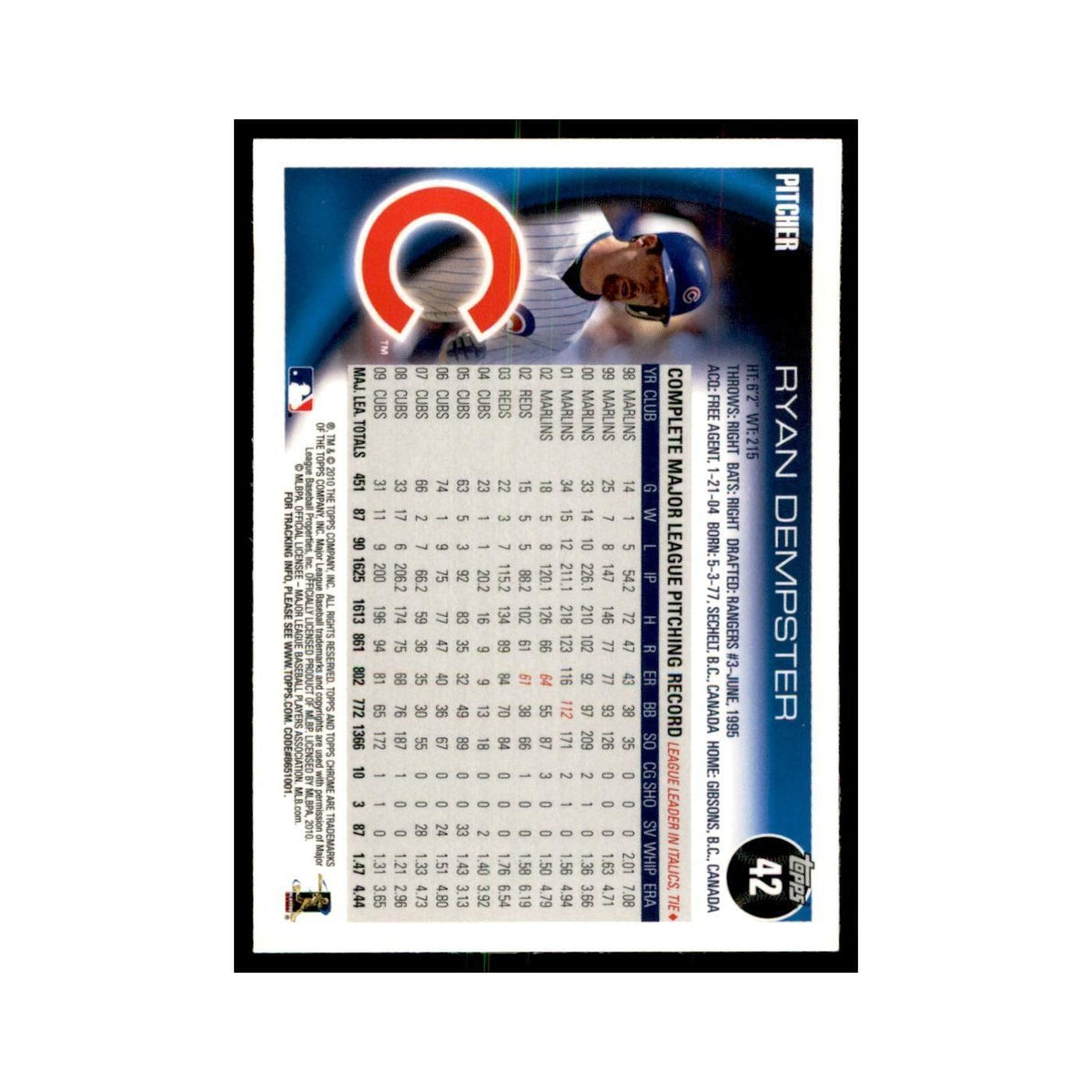 Ryan Dempster 2010 Topps Chrome #42 Baseball Cards Baseball Card NM