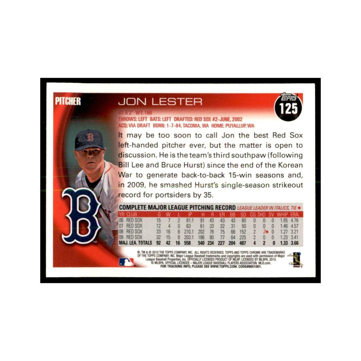 Jon Lester 2010 Topps Chrome #125 Baseball Cards Baseball Card NM