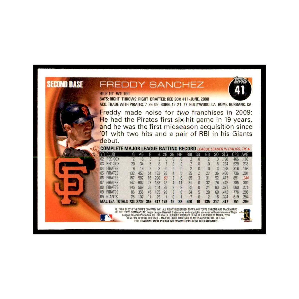 Freddy Sanchez 2010 Topps Chrome #41 Baseball Cards Baseball Card NM