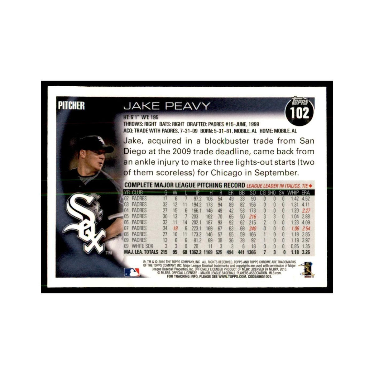 Jake Peavy 2010 Topps Chrome #102 Baseball Cards Baseball Card NM