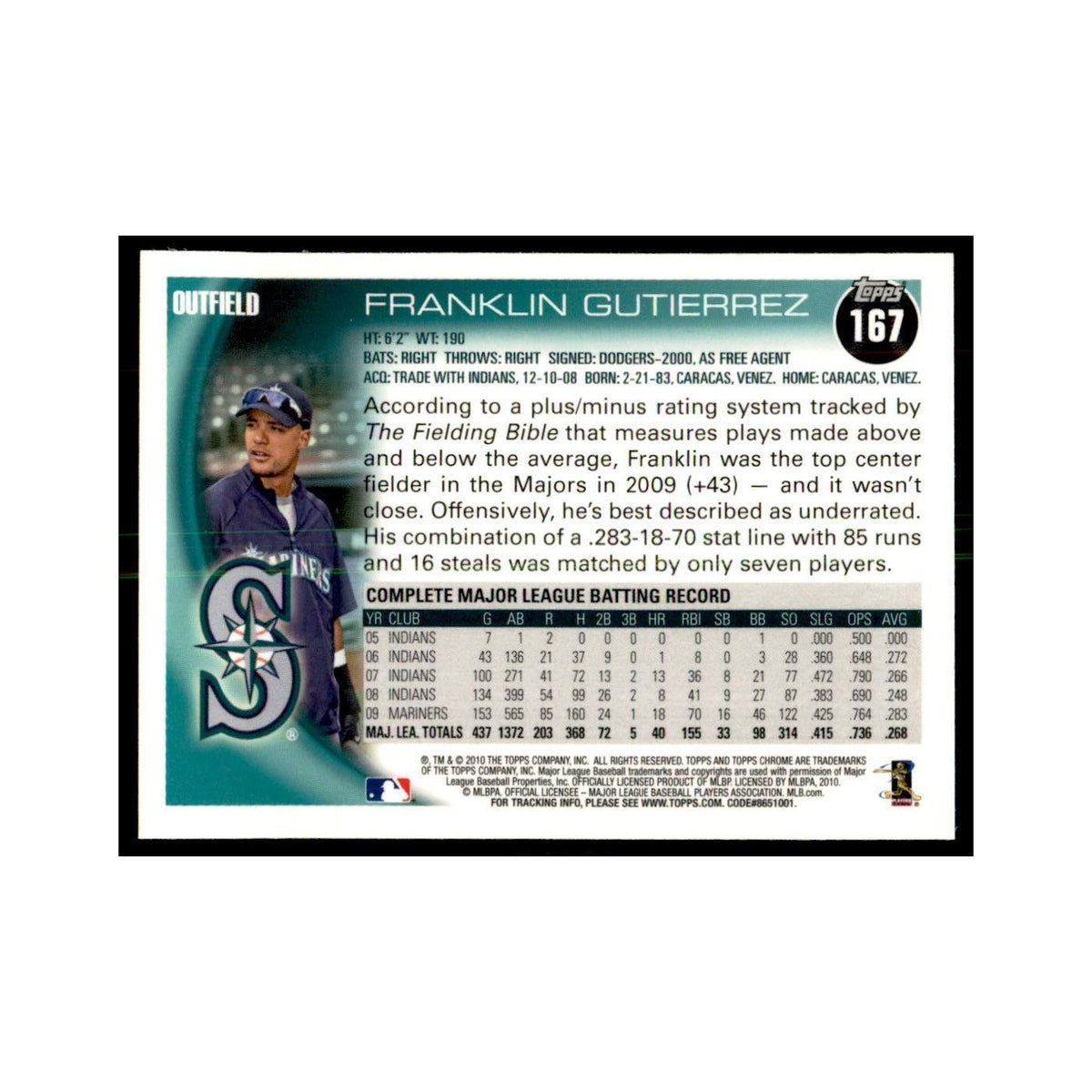 Franklin Gutierrez 2010 Topps Chrome #167 Baseball Cards Baseball Card NM