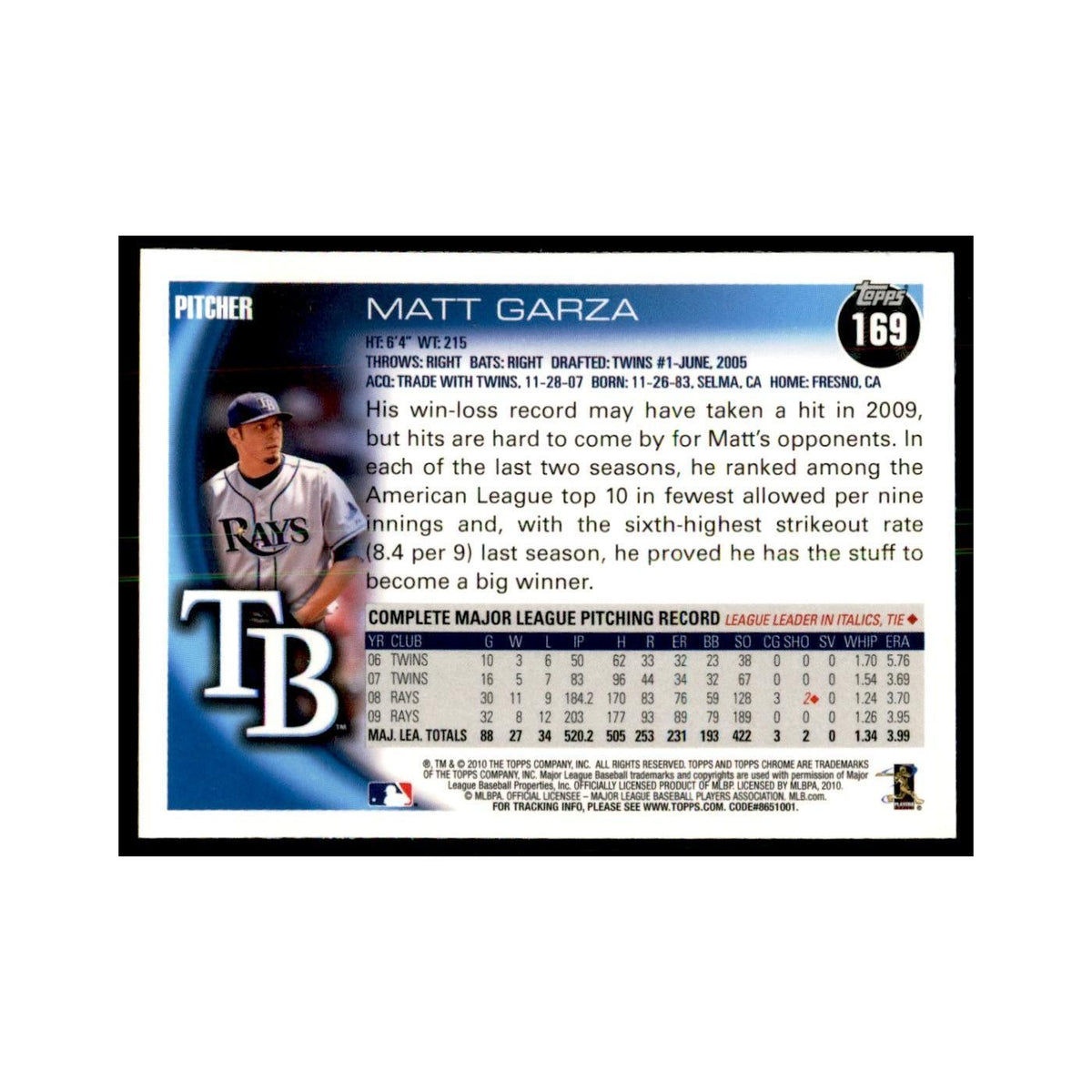 Matt Garza 2010 Topps Chrome #169 Baseball Cards Baseball Card NM