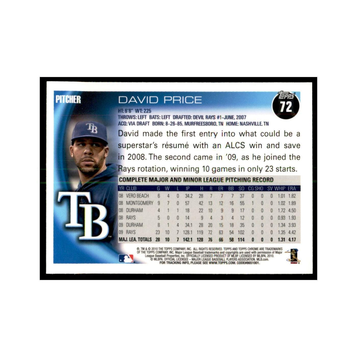 David Price 2010 Topps Chrome #72 Baseball Cards Baseball Card NM
