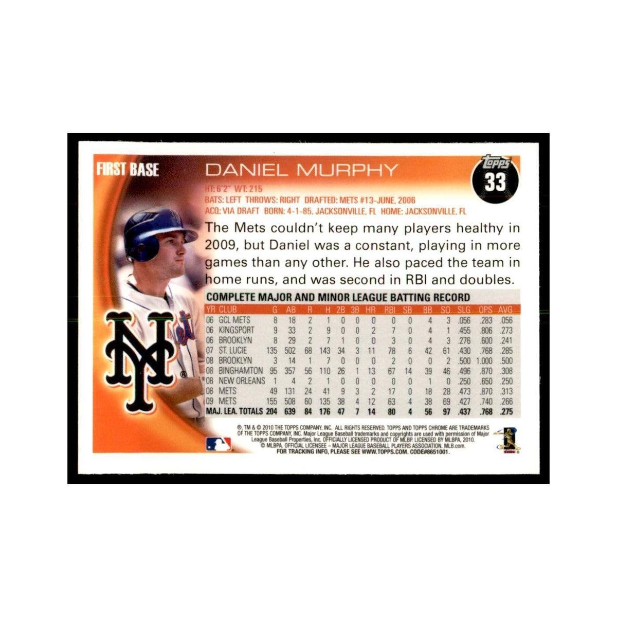 Daniel Murphy 2010 Topps Chrome #33 Baseball Cards Baseball Card NM