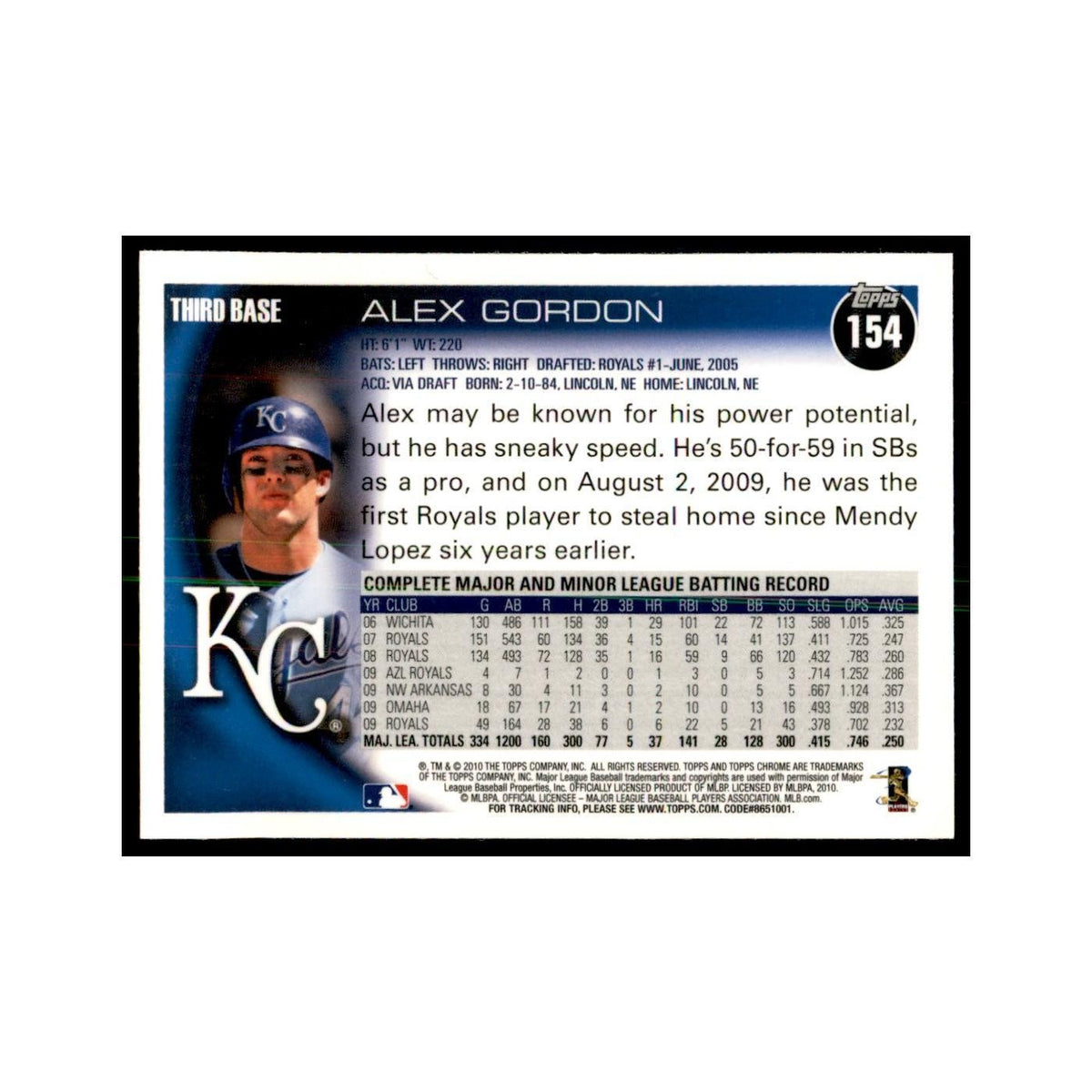 Alex Gordon 2010 Topps Chrome #154 Baseball Cards Baseball Card NM