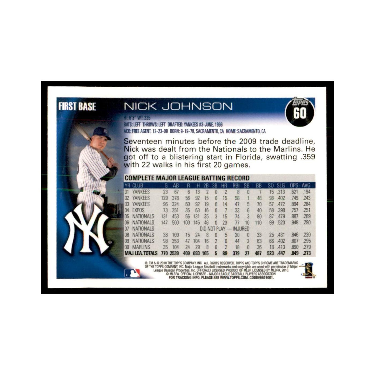 Nick Johnson 2010 Topps Chrome #60 Baseball Cards Baseball Card NM
