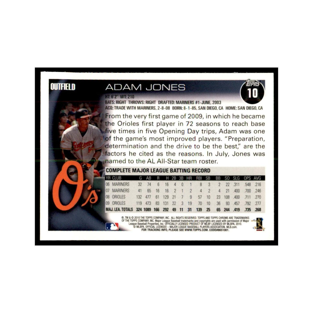 Adam Jones 2010 Topps Chrome #10 Baseball Cards Baseball Card NM