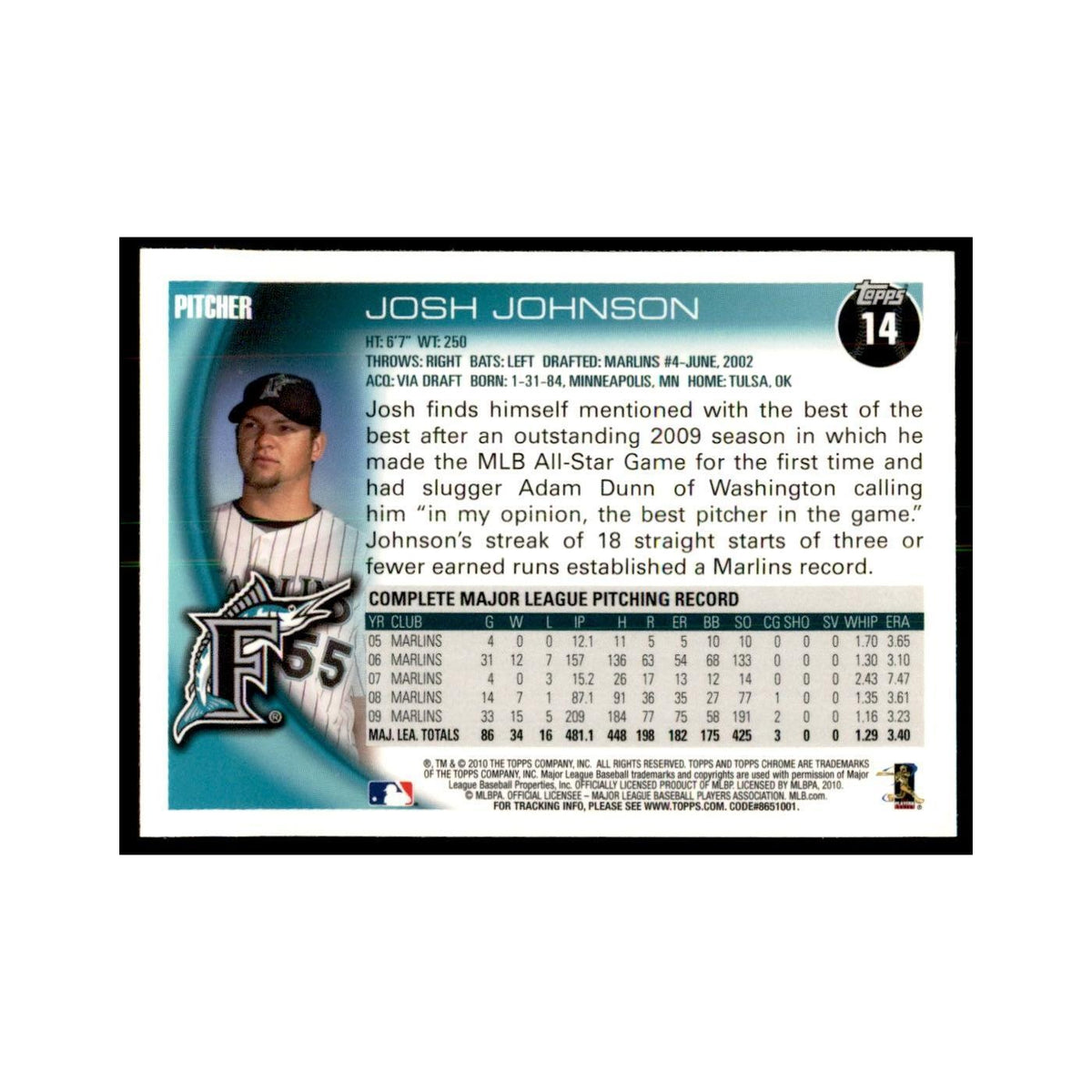 Josh Johnson 2010 Topps Chrome #14 Baseball Cards Baseball Card NM