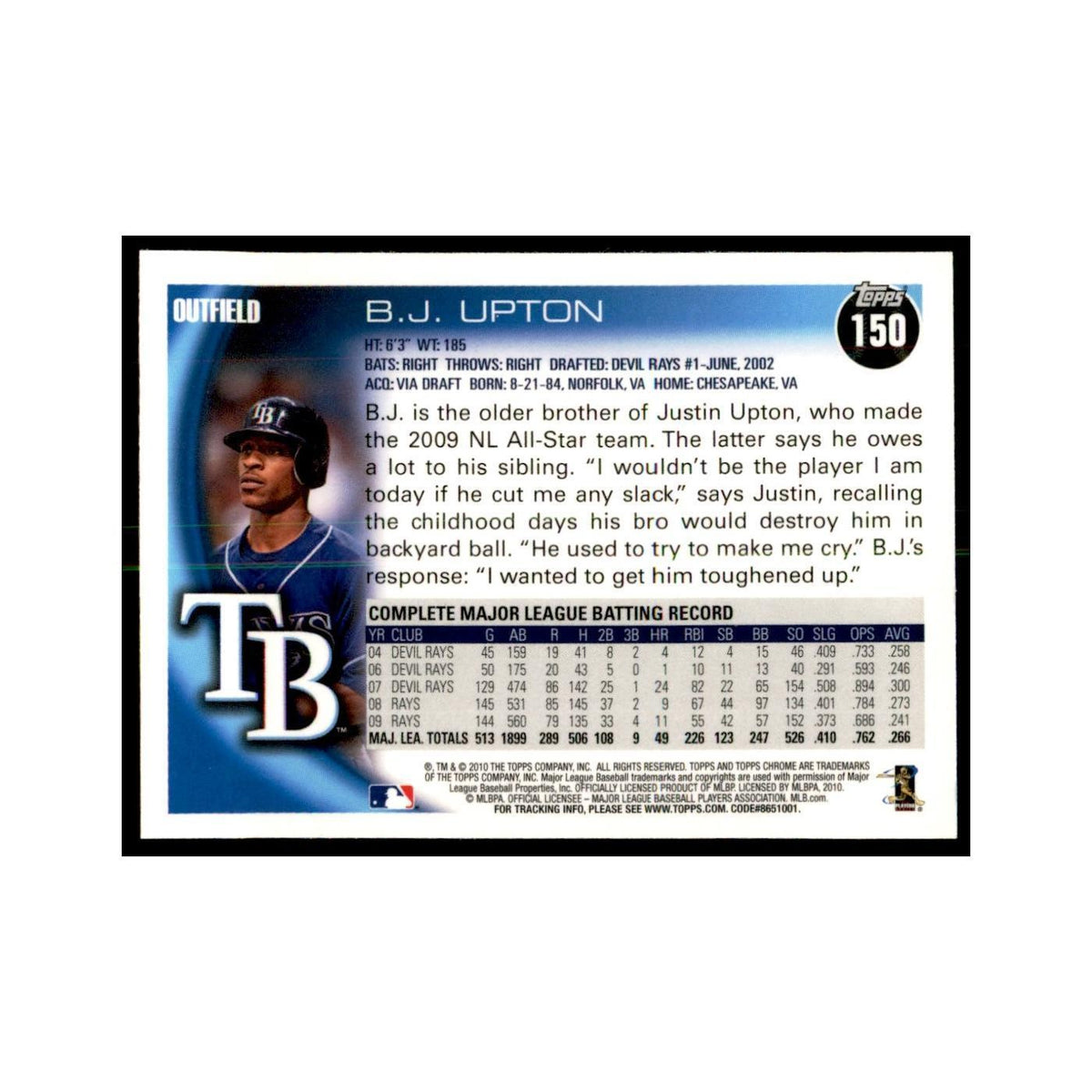 B.J. Upton 2010 Topps Chrome #150 Baseball Cards Baseball Card NM