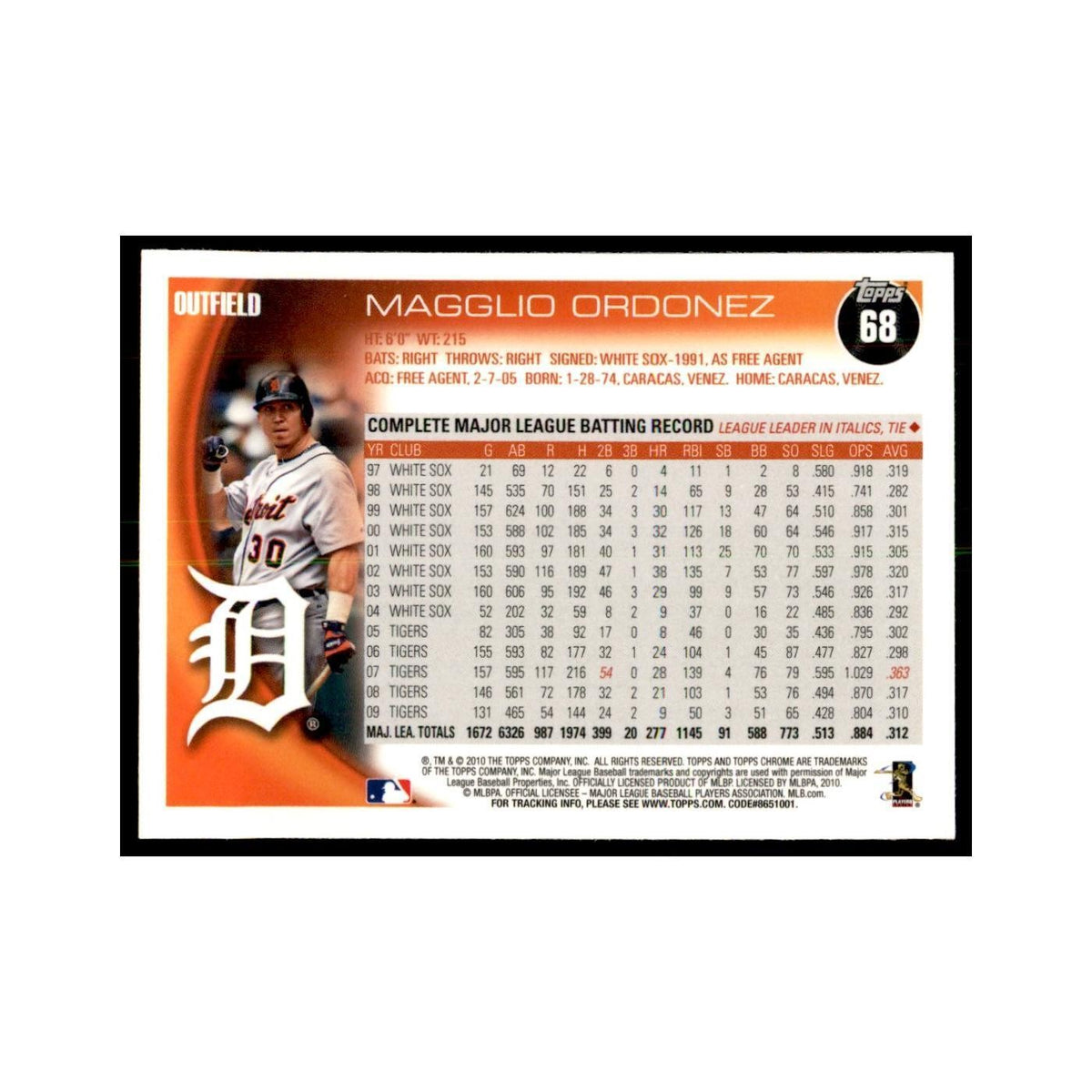 Magglio Ordonez 2010 Topps Chrome #68 Baseball Cards Baseball Card NM