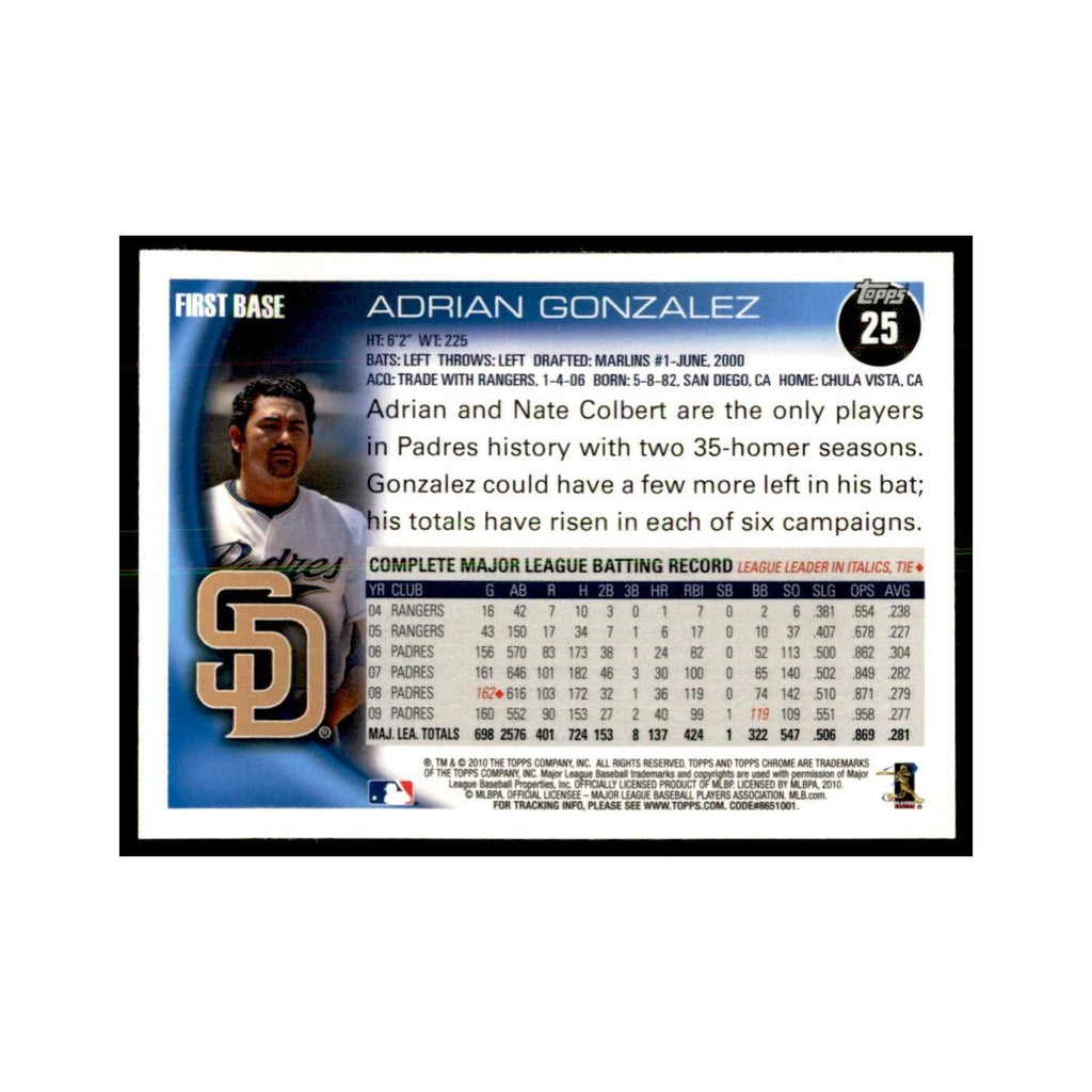 Adrian Gonzalez 2010 Topps Chrome #25 Baseball Cards Baseball Card NM