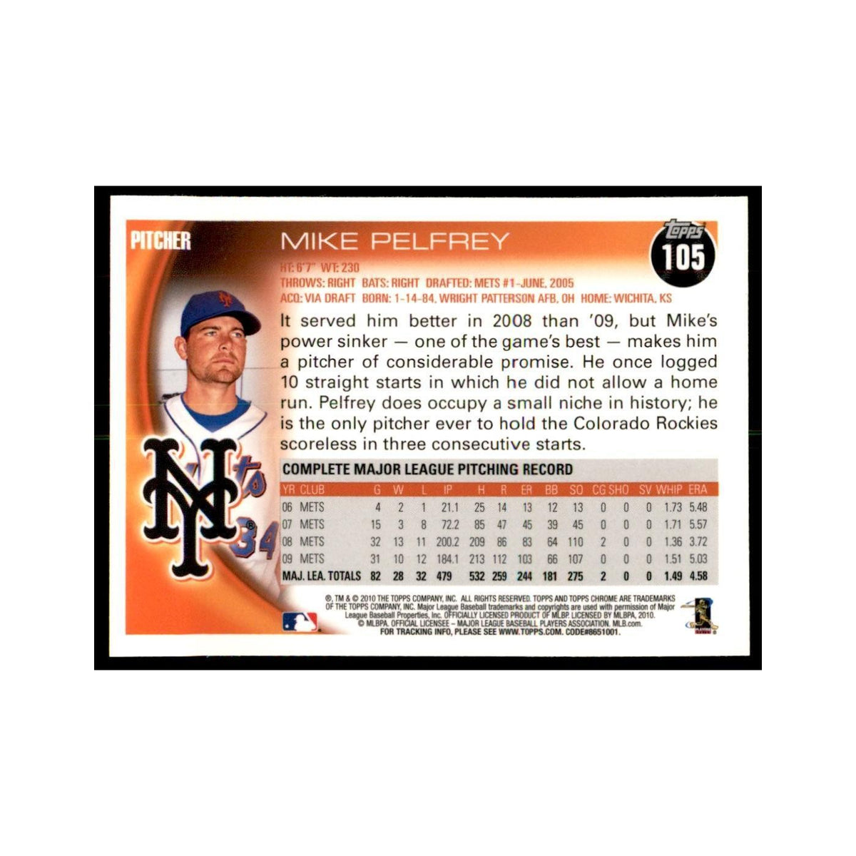 Mike Pelfrey 2010 Topps Chrome #105 Baseball Cards Baseball Card NM
