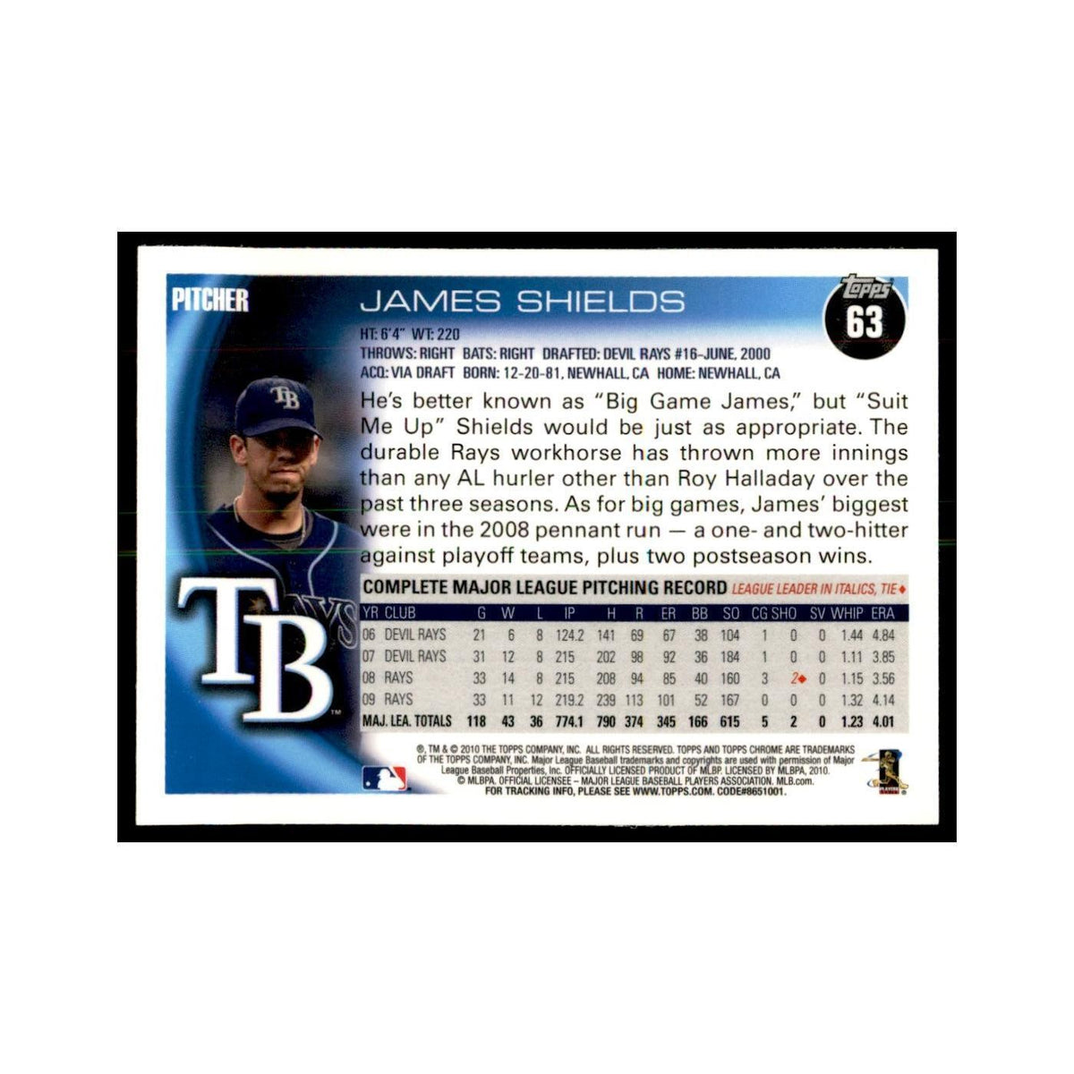 James Shields 2010 Topps Chrome #63 Baseball Cards Baseball Card NM
