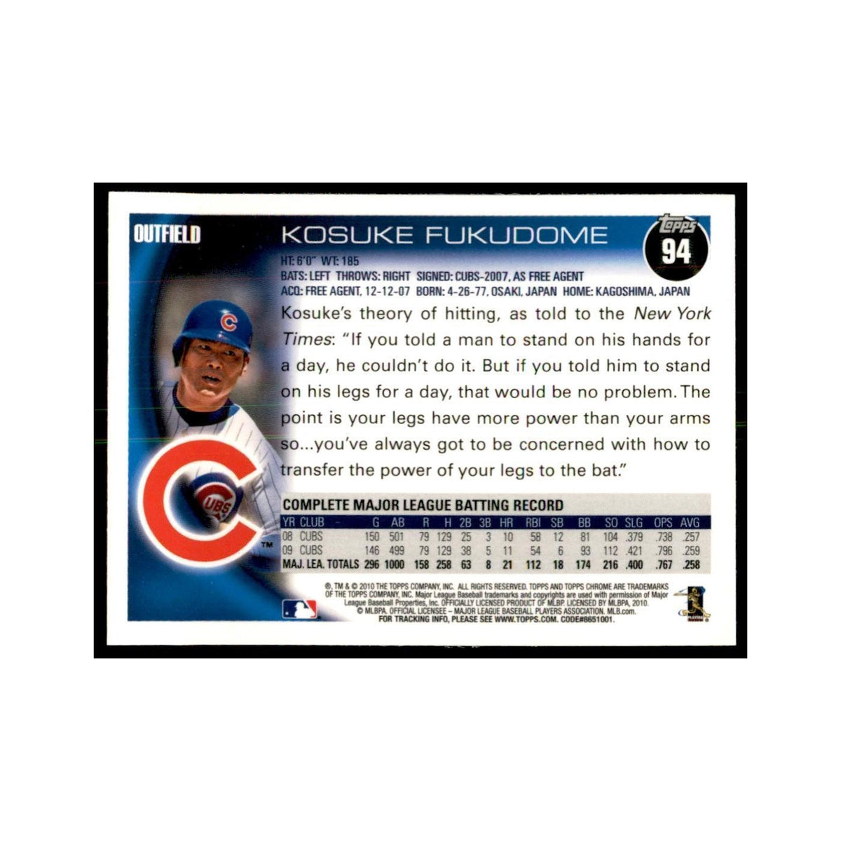 Kosuke Fukudome 2010 Topps Chrome #94 Baseball Cards Baseball Card NM