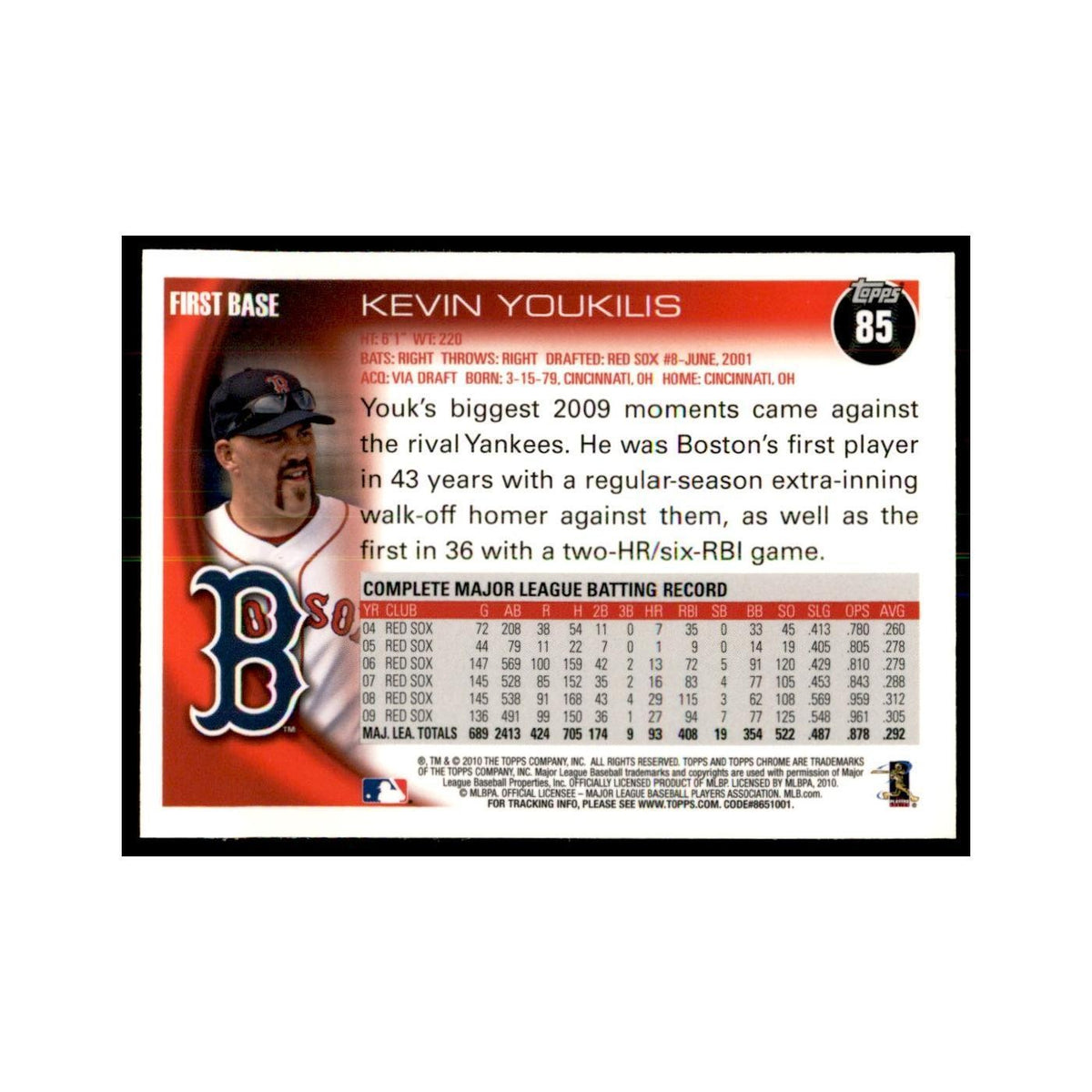 Kevin Youkilis 2010 Topps Chrome #85 Baseball Cards Baseball Card NM