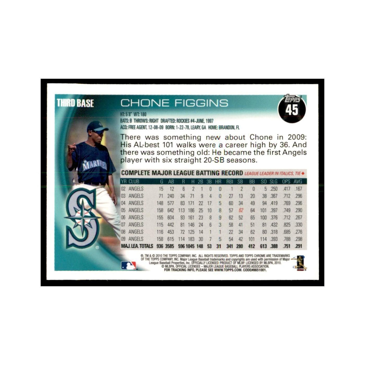 Chone Figgins 2010 Topps Chrome #45 Baseball Cards Baseball Card NM