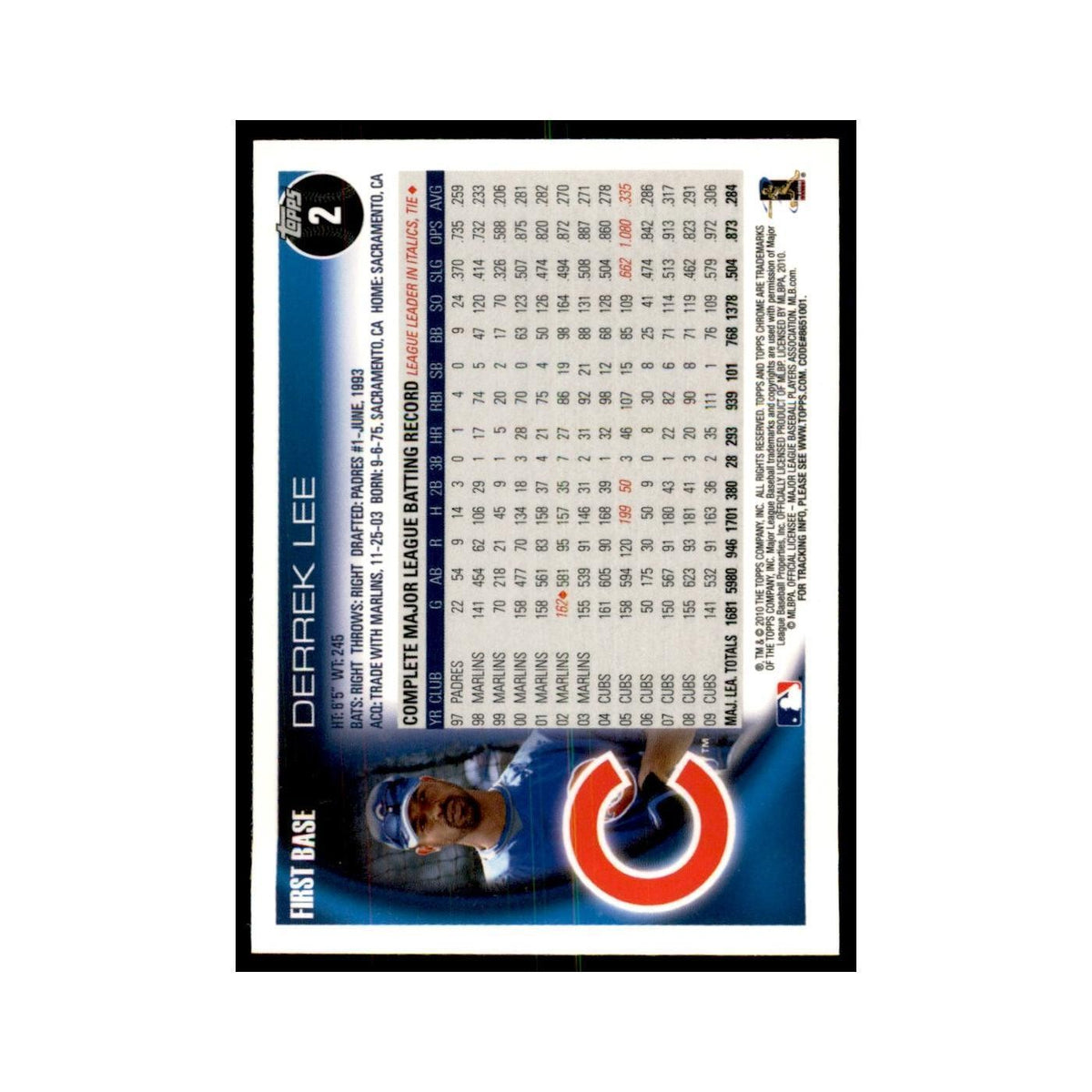 Derrek Lee 2010 Topps Chrome #2 Baseball Cards Baseball Card NM
