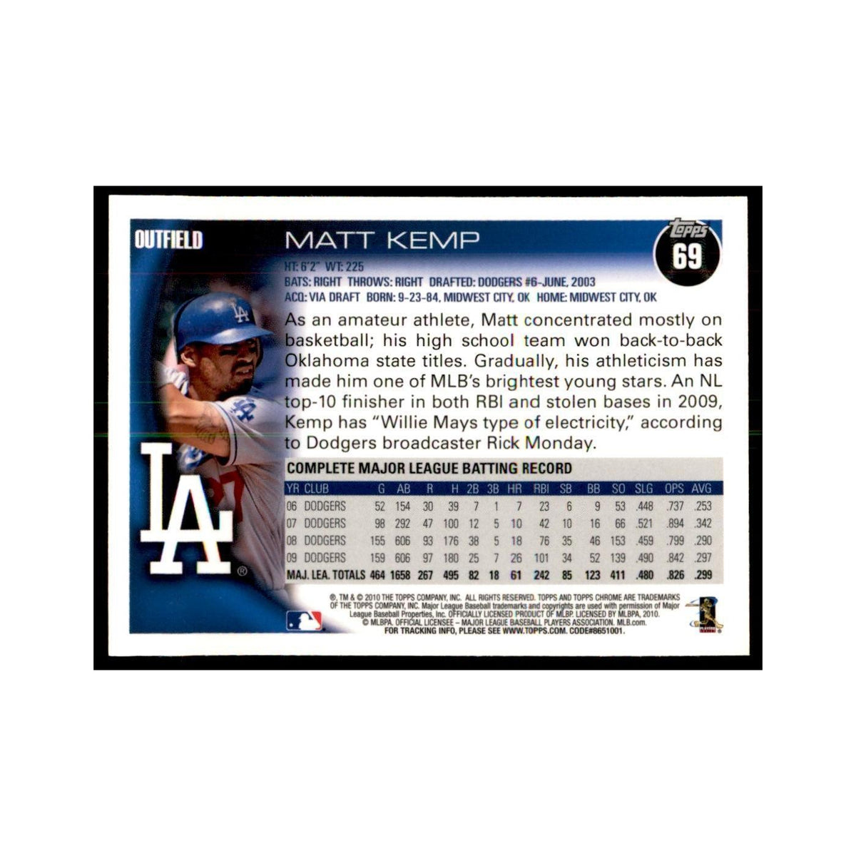 Matt Kemp 2010 Topps Chrome #69 Baseball Cards Baseball Card NM