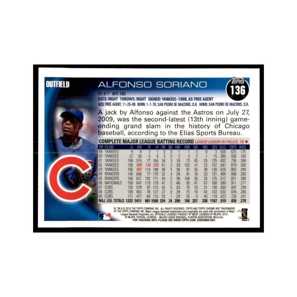 Alfonso Soriano 2010 Topps Chrome #136 Baseball Cards Baseball Card NM