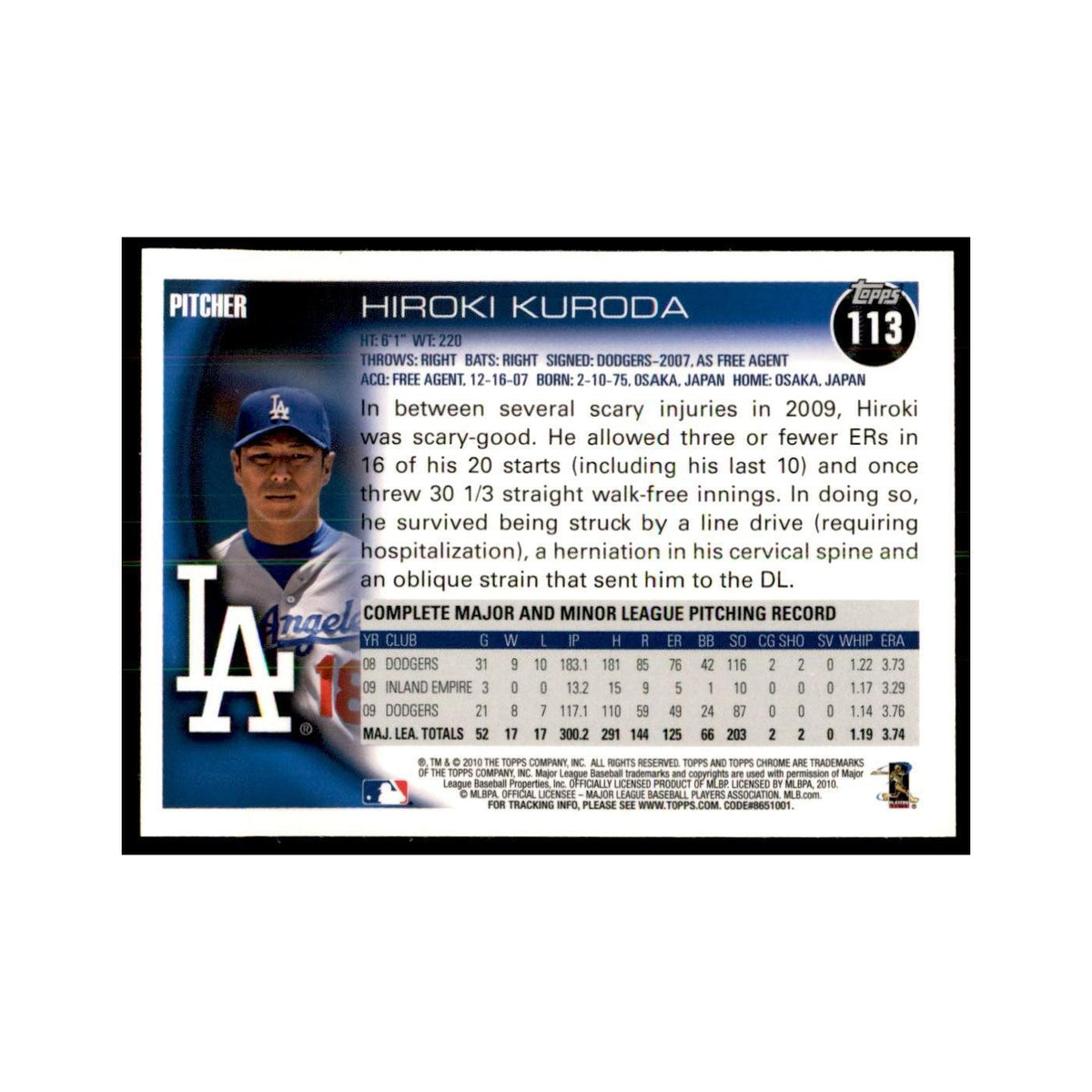 Hiroki Kuroda 2010 Topps Chrome #113 Baseball Cards Baseball Card NM