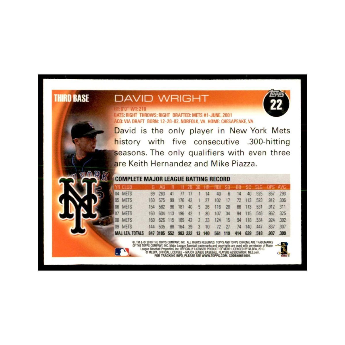 David Wright 2010 Topps Chrome #22 Baseball Cards Baseball Card NM