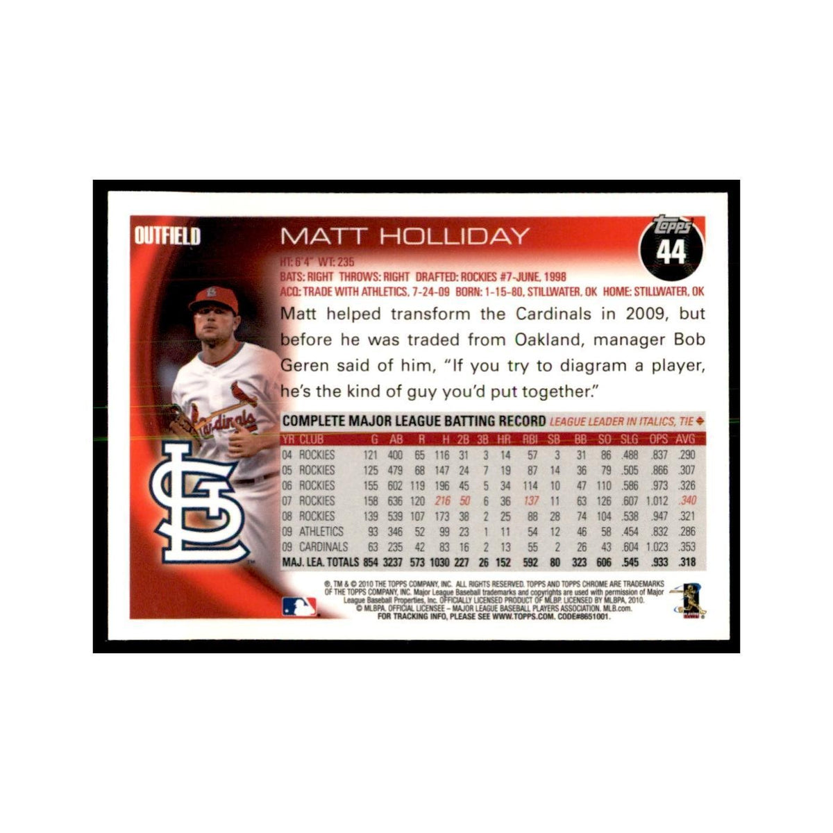 Matt Holliday 2010 Topps Chrome #44 Baseball Cards Baseball Card NM