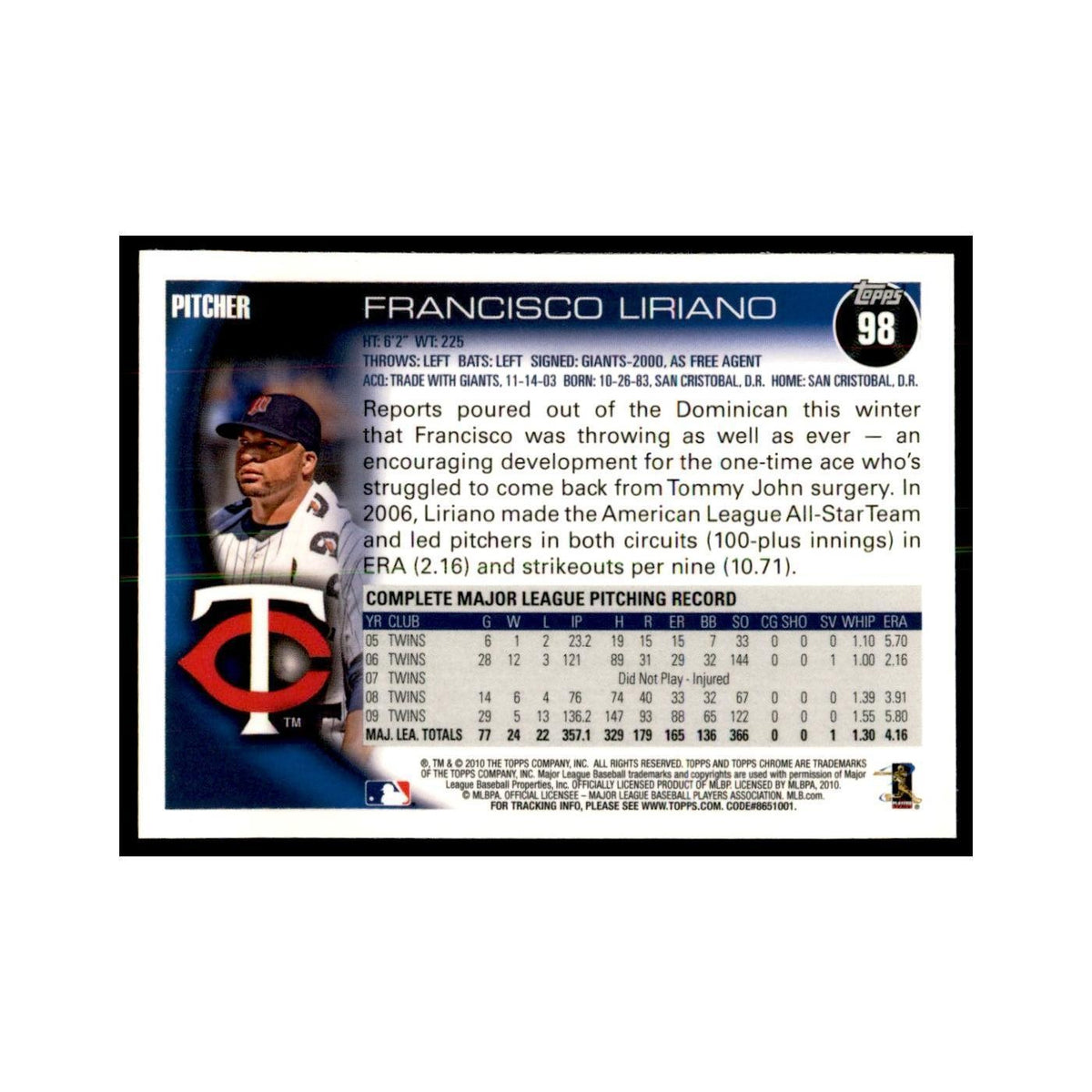 Francisco Liriano 2010 Topps Chrome #98 Baseball Cards Baseball Card NM