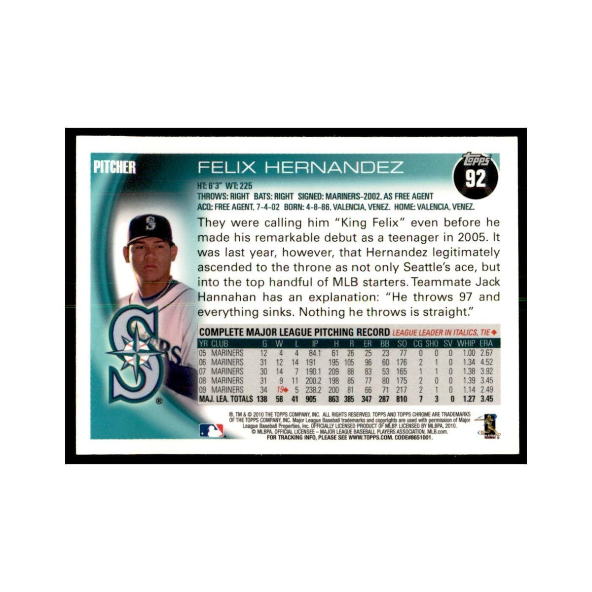 Felix Hernandez 2010 Topps Chrome #92 Baseball Cards Baseball Card NM