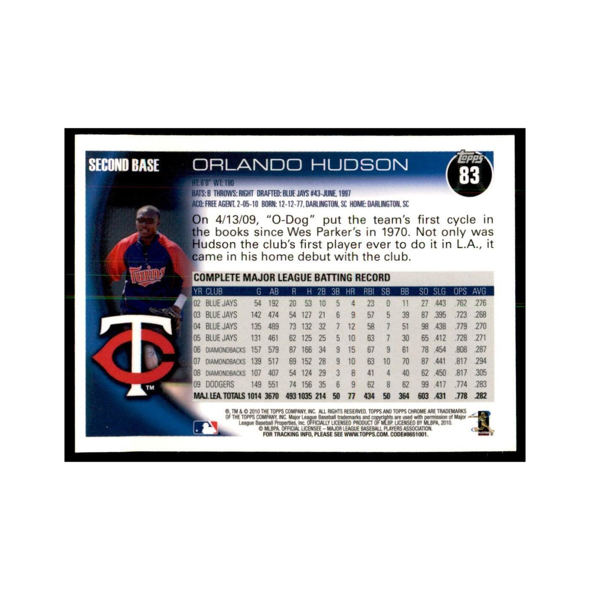 Orlando Hudson 2010 Topps Chrome #83 Baseball Cards Baseball Card NM