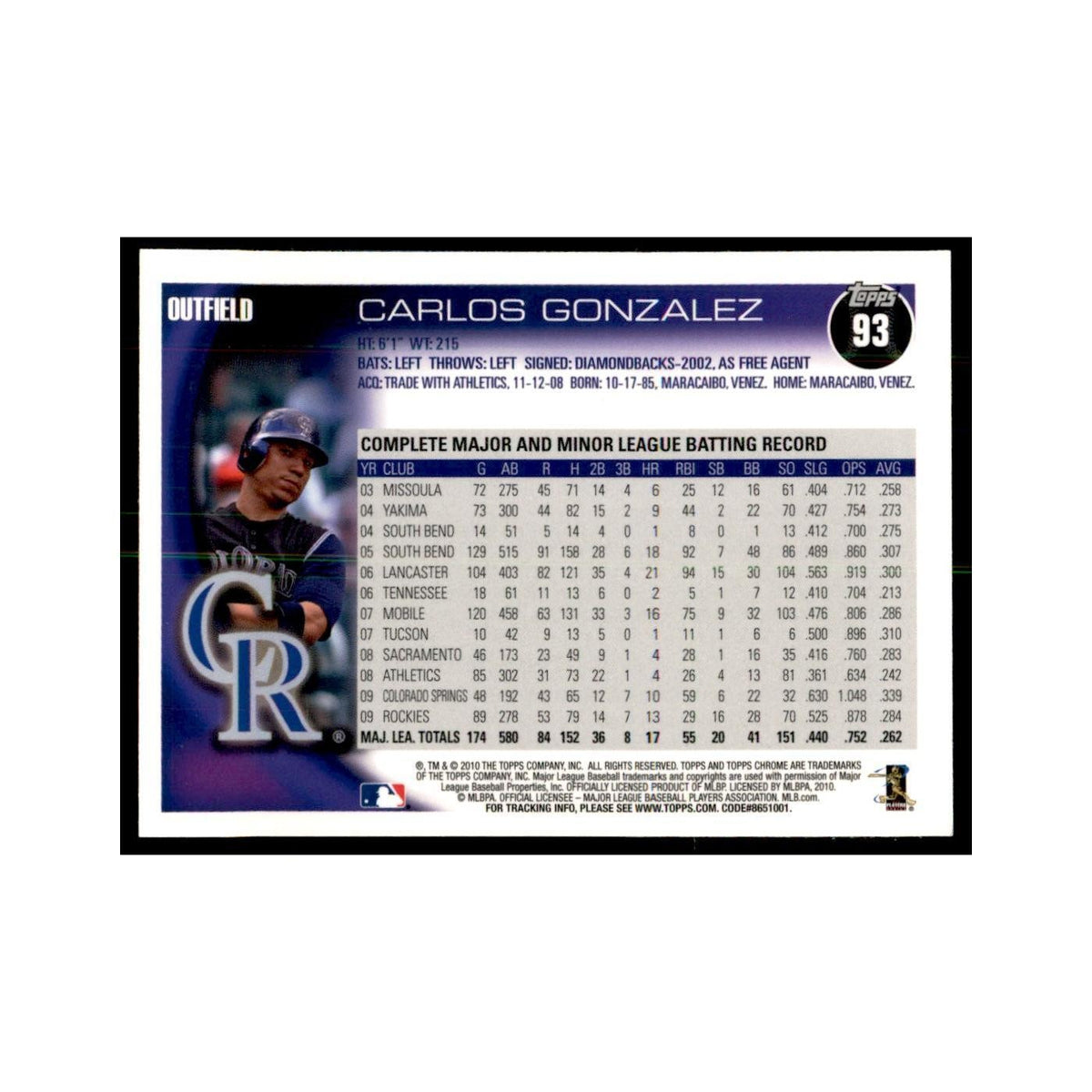 Carlos Gonzalez 2010 Topps Chrome #93 Baseball Cards Baseball Card NM