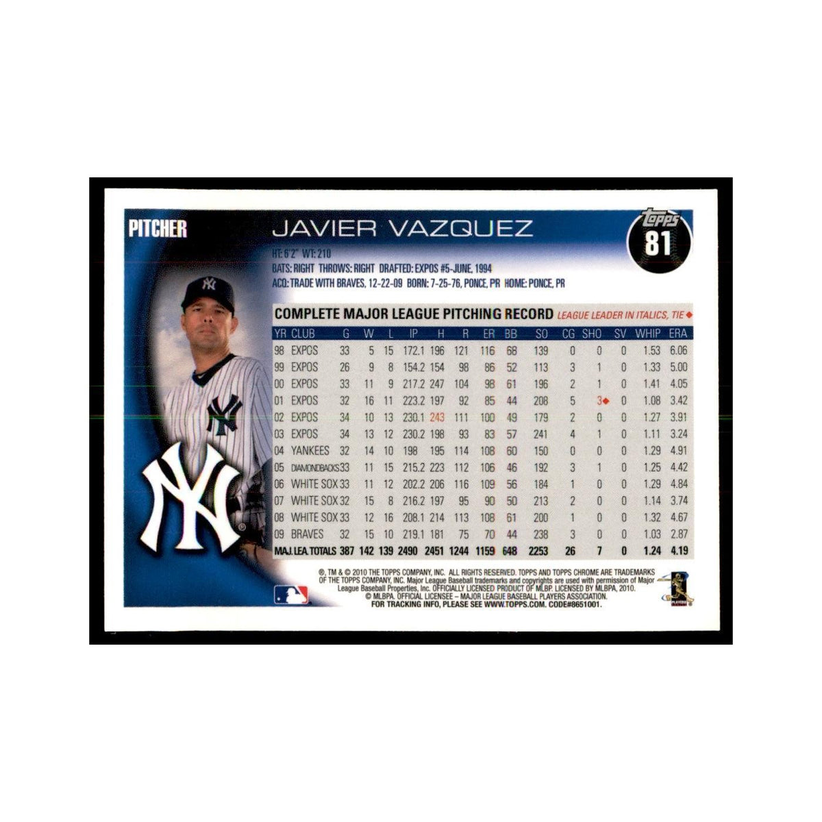 Javier Vazquez 2010 Topps Chrome #81 Baseball Cards Baseball Card NM