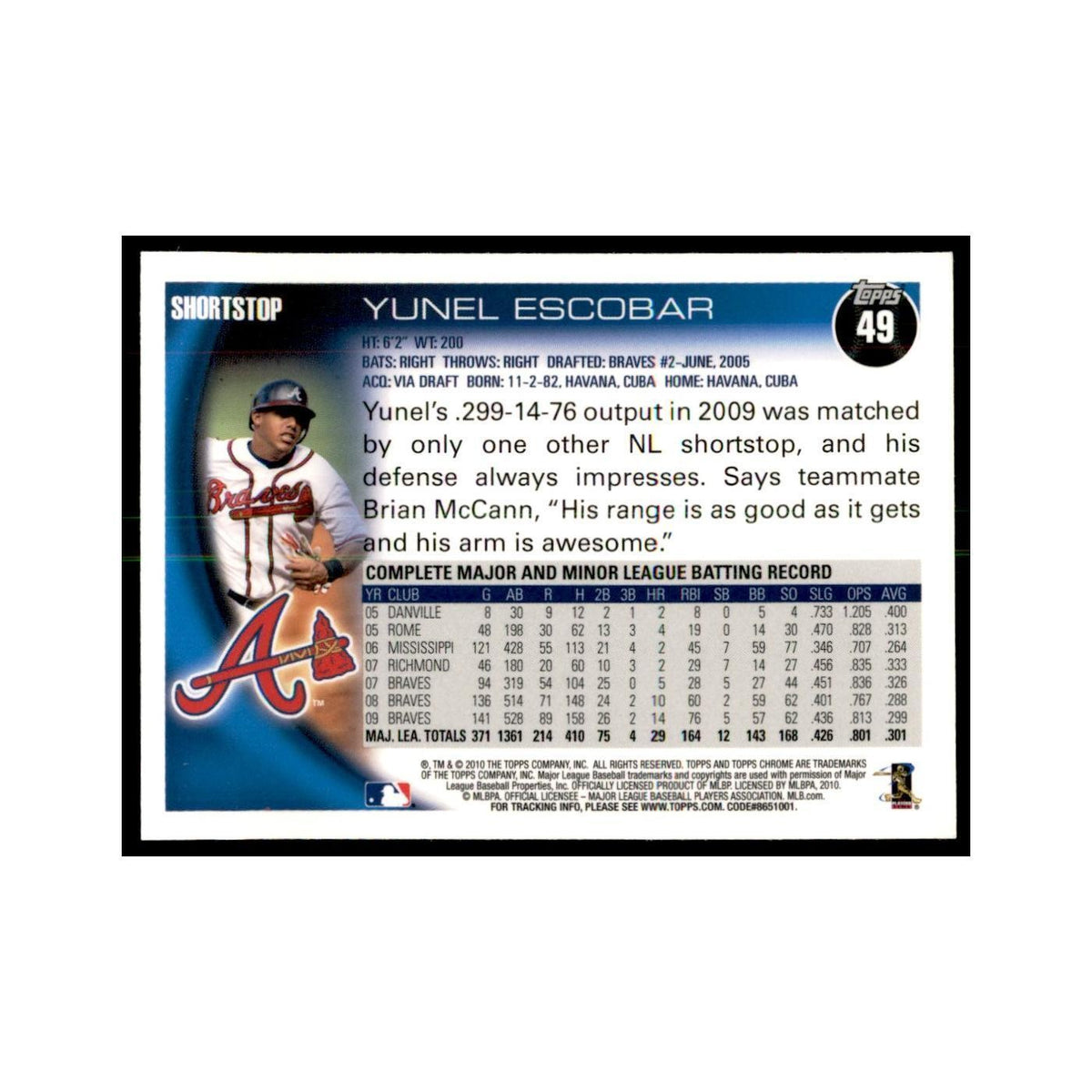 Yunel Escobar 2010 Topps Chrome #49 Baseball Cards Baseball Card NM