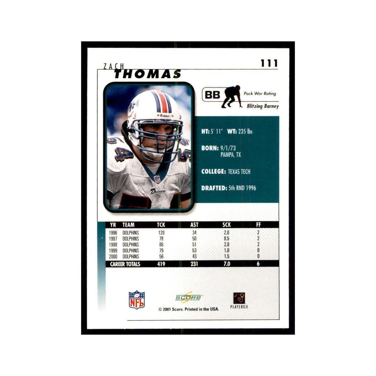Zach Thomas 2001 Score #111 Football Cards Football Card NM