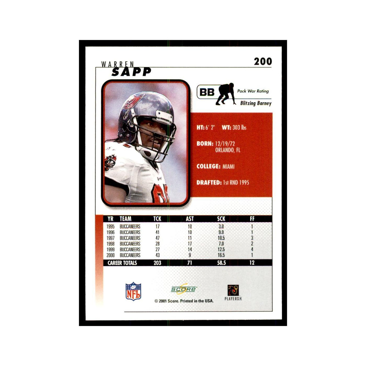 Warren Sapp 2001 Score #200 Football Cards Football Card NM
