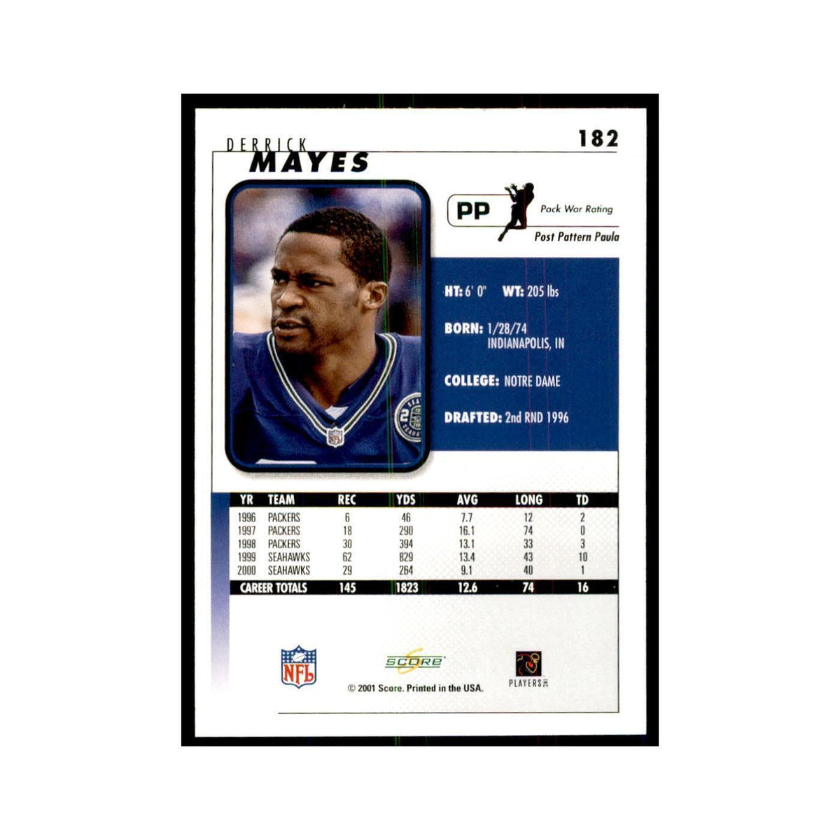 Derrick Mayes 2001 Score #182 Football Card NM
