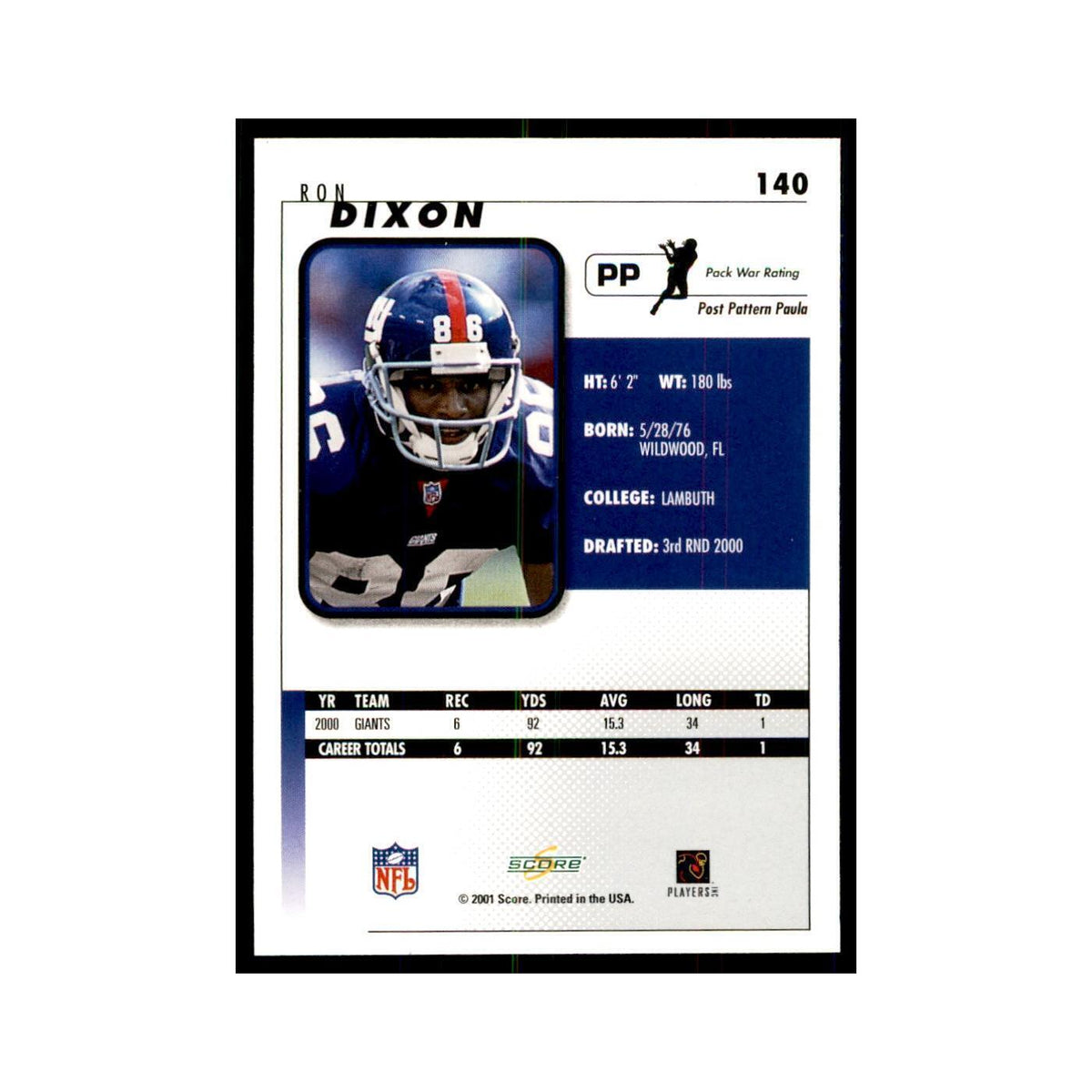 Ron Dixon 2001 Score #140 Football Cards Football Card NM