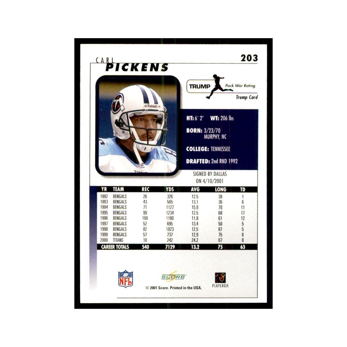 Carl Pickens 2001 Score #203 Football Card NM