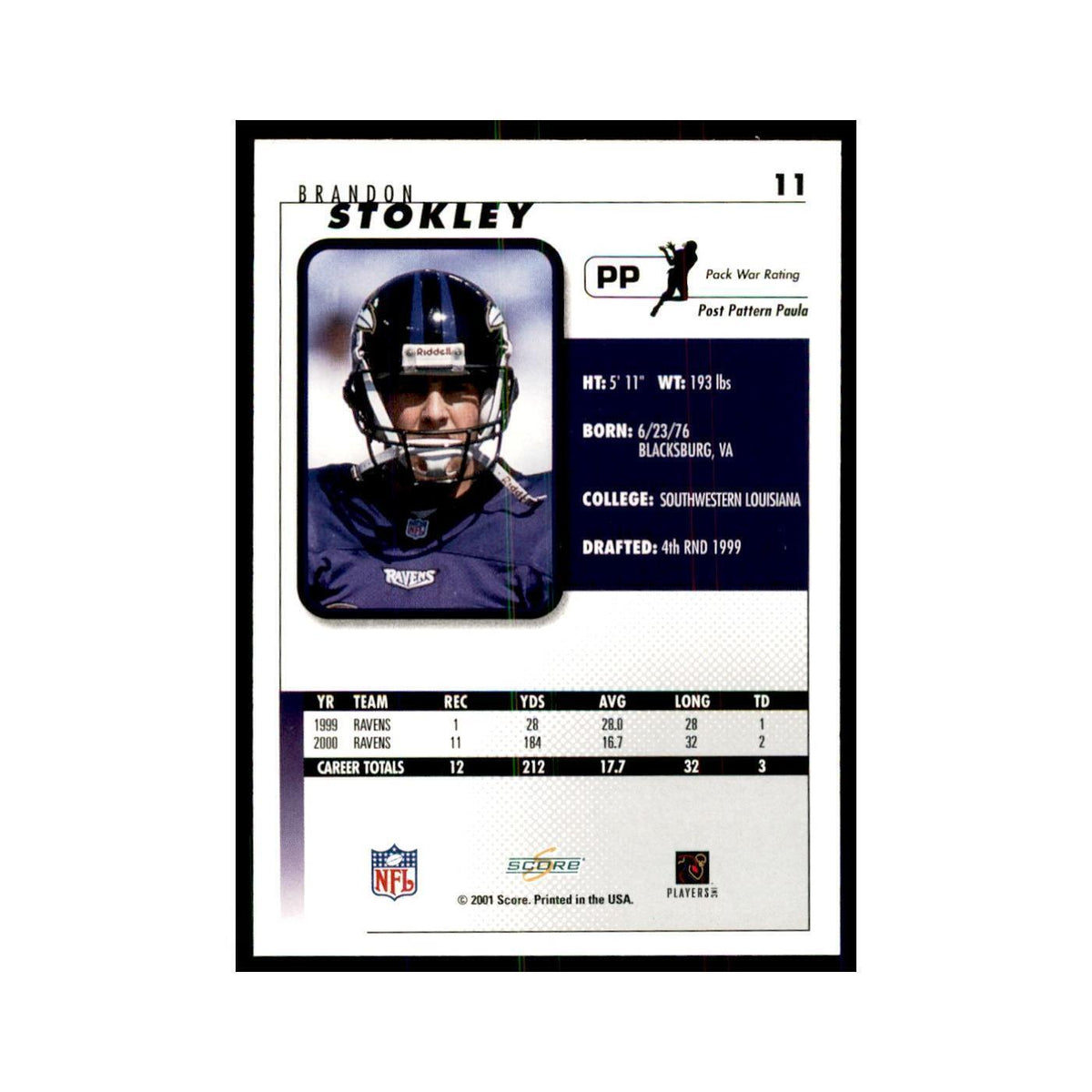 Brandon Stokley 2001 Score #11 Football Card NM
